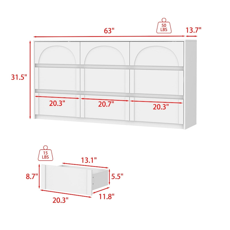 White Storage Dresser with 6 Drawers for Bedroom Dining, and Kitchen